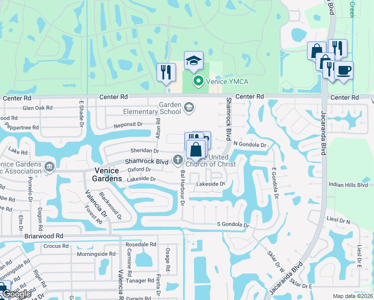 map of restaurants, bars, coffee shops, grocery stores, and more near 649 Sheridan Drive in Venice