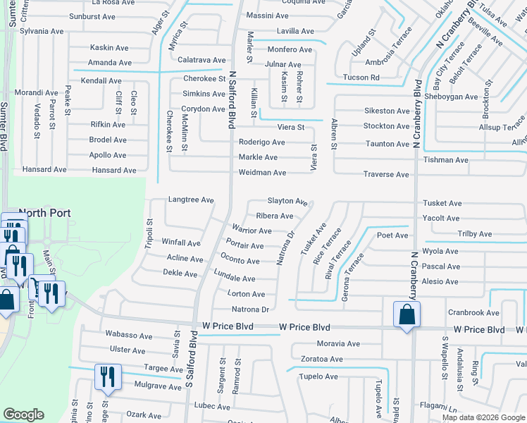 map of restaurants, bars, coffee shops, grocery stores, and more near 3704 Ribera Avenue in North Port
