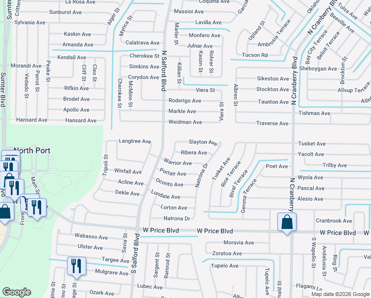 map of restaurants, bars, coffee shops, grocery stores, and more near 3884 Ribera Avenue in North Port