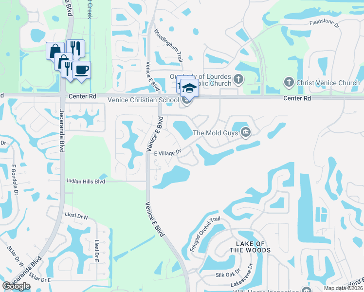 map of restaurants, bars, coffee shops, grocery stores, and more near 3152 East Village Drive in Venice