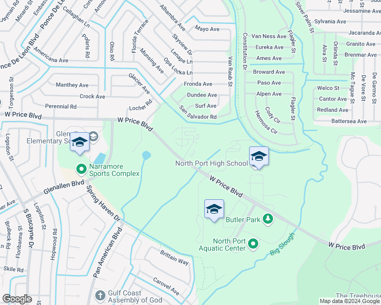 map of restaurants, bars, coffee shops, grocery stores, and more near 6644 West Price Boulevard in North Port