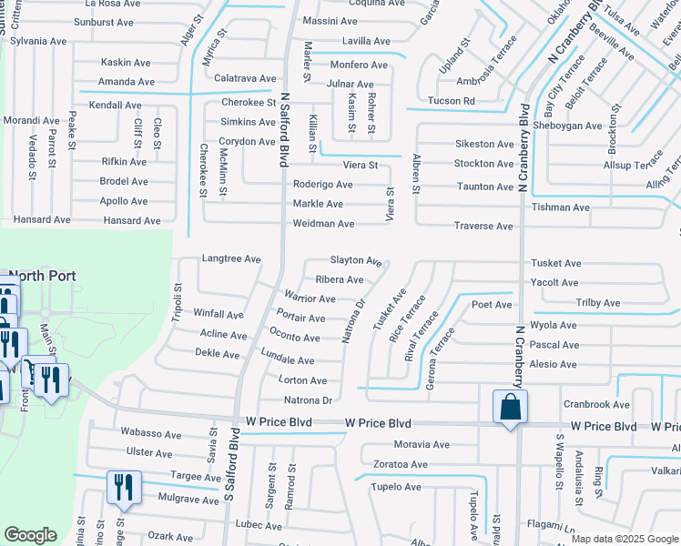 map of restaurants, bars, coffee shops, grocery stores, and more near 3704 Ribera Avenue in North Port