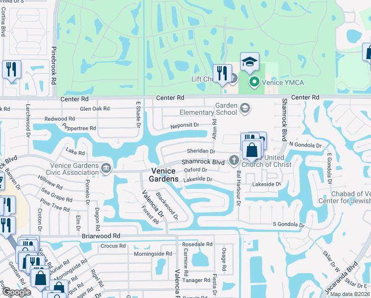 map of restaurants, bars, coffee shops, grocery stores, and more near 543 Sheridan Drive in Venice