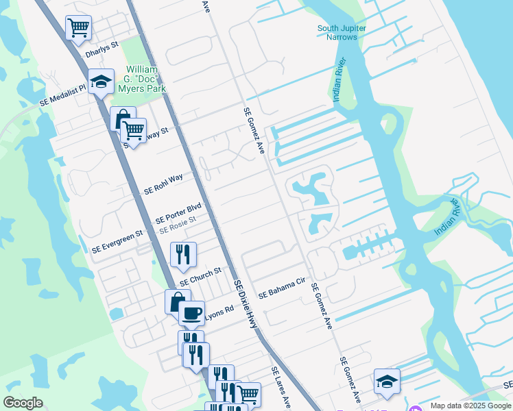 map of restaurants, bars, coffee shops, grocery stores, and more near 8755 Southeast Alabama Place in Hobe Sound