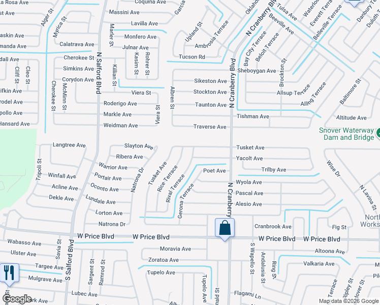 map of restaurants, bars, coffee shops, grocery stores, and more near 1807 Rice Terrace in North Port