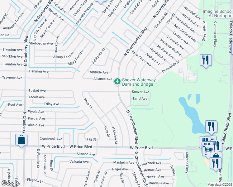 map of restaurants, bars, coffee shops, grocery stores, and more near 1789 North Chamberlain Boulevard in North Port
