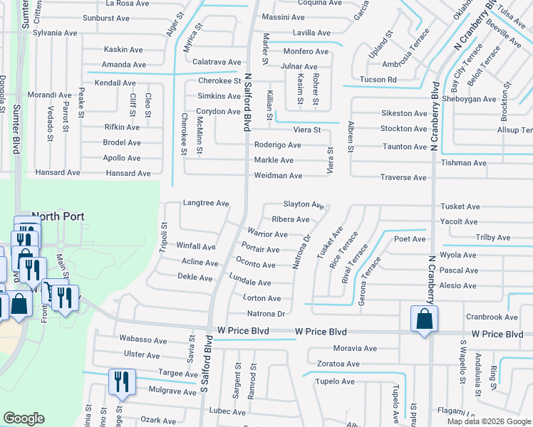 map of restaurants, bars, coffee shops, grocery stores, and more near 3884 Ribera Avenue in North Port