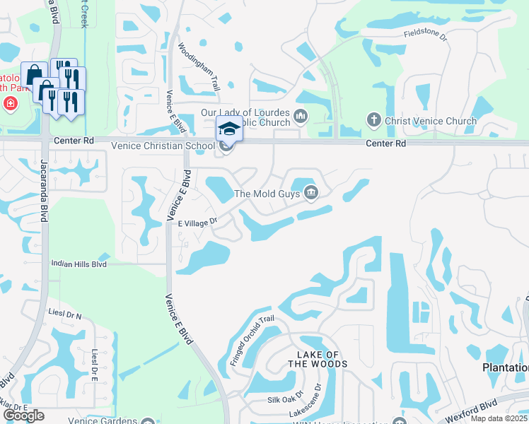 map of restaurants, bars, coffee shops, grocery stores, and more near 3212 Meadow Run Drive in Venice