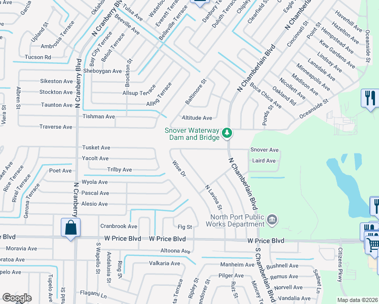map of restaurants, bars, coffee shops, grocery stores, and more near 2171 Snover Ave in North Port