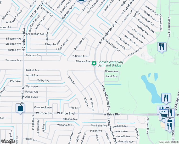 map of restaurants, bars, coffee shops, grocery stores, and more near 1789 North Chamberlain Boulevard in North Port