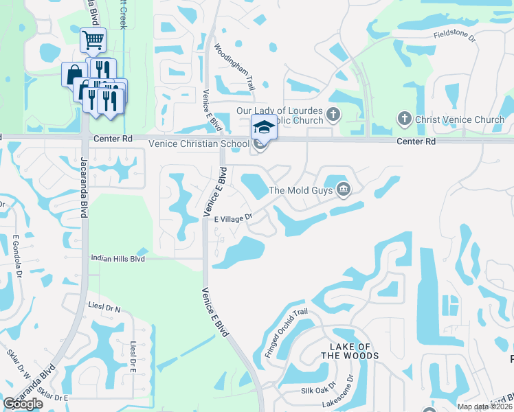 map of restaurants, bars, coffee shops, grocery stores, and more near 3152 East Village Drive in Venice