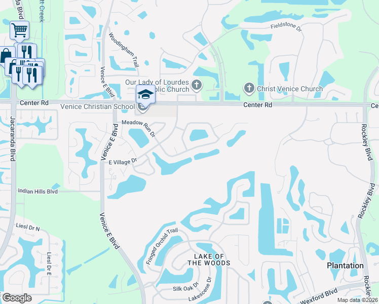map of restaurants, bars, coffee shops, grocery stores, and more near 3227 Meadow Run Drive in Venice