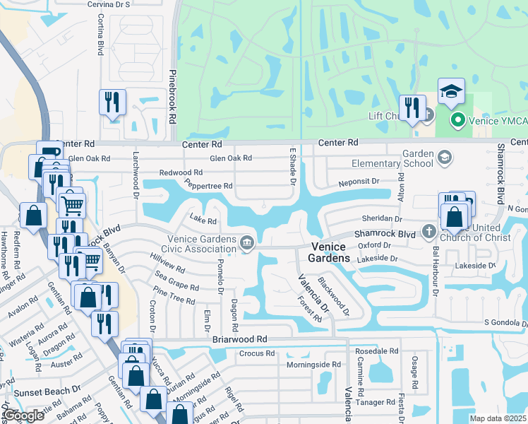 map of restaurants, bars, coffee shops, grocery stores, and more near 428 Shade Terrace in Venice