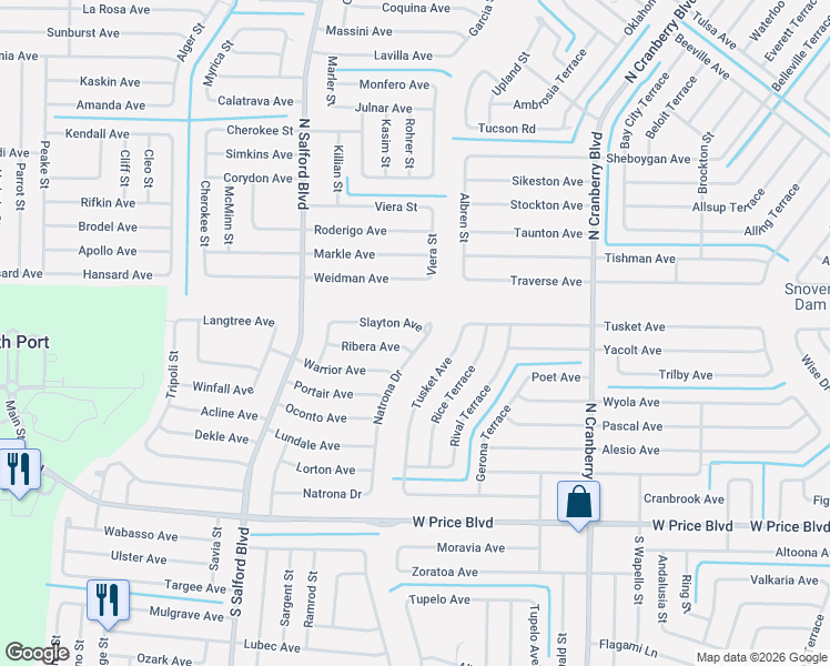 map of restaurants, bars, coffee shops, grocery stores, and more near 1717 Natrona Drive in North Port