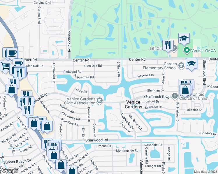 map of restaurants, bars, coffee shops, grocery stores, and more near 428 Shade Terrace in Venice