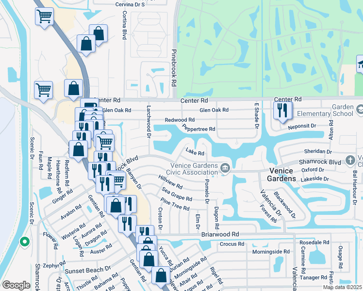 map of restaurants, bars, coffee shops, grocery stores, and more near 340 Lake Road in Venice