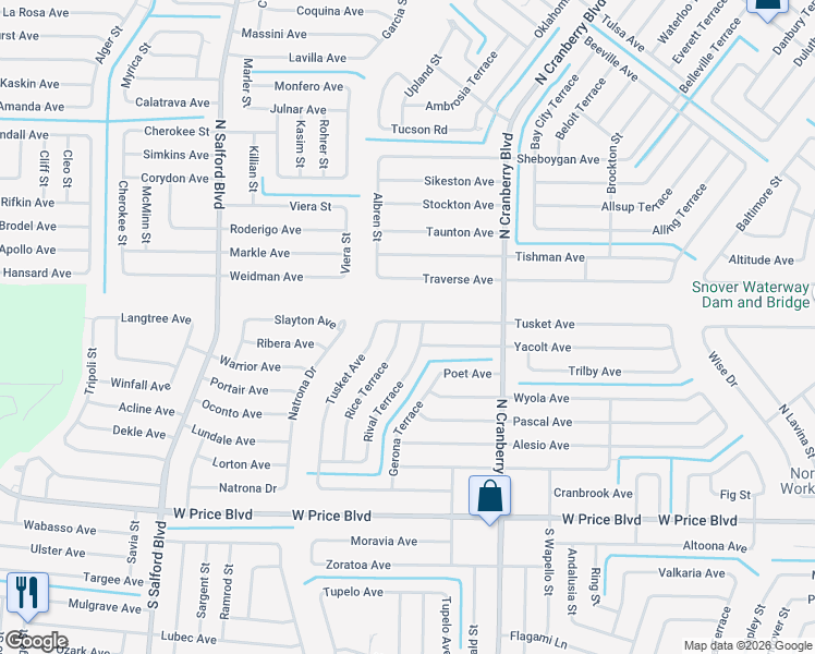 map of restaurants, bars, coffee shops, grocery stores, and more near 3285 Tusket Avenue in North Port