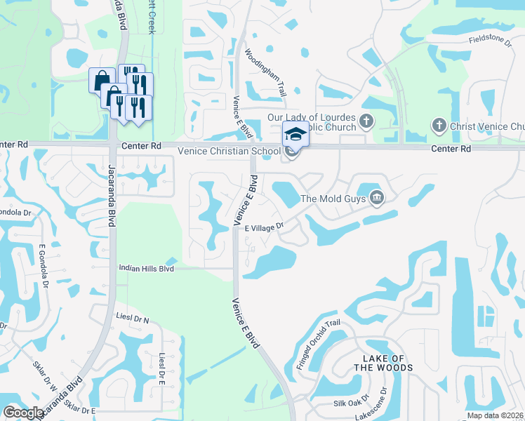 map of restaurants, bars, coffee shops, grocery stores, and more near 2206 E Village Ct in Venice