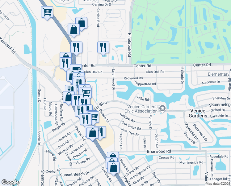map of restaurants, bars, coffee shops, grocery stores, and more near 1623 Larchwood Drive in Venice