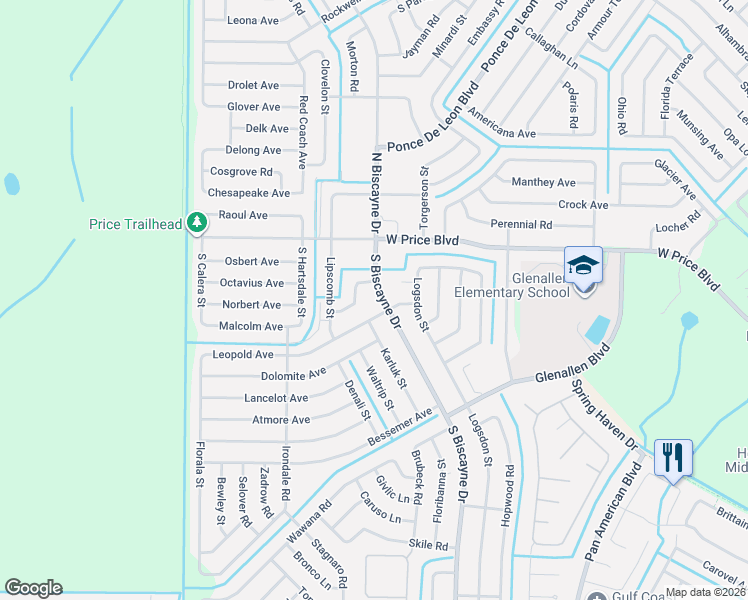 map of restaurants, bars, coffee shops, grocery stores, and more near 1491 South Biscayne Drive in North Port