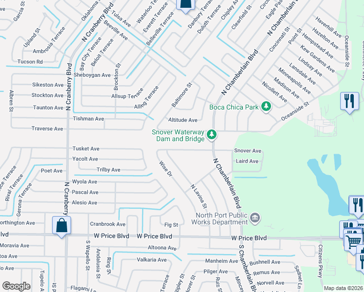 map of restaurants, bars, coffee shops, grocery stores, and more near 2171 Snover Avenue in North Port
