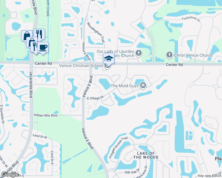 map of restaurants, bars, coffee shops, grocery stores, and more near 3166 East Village Drive in Venice