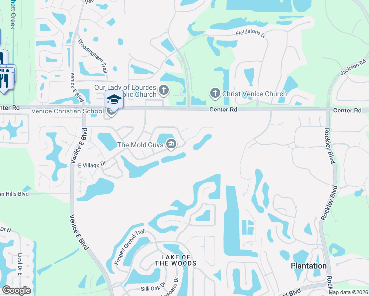 map of restaurants, bars, coffee shops, grocery stores, and more near 3255 Meadow Run Drive in Venice