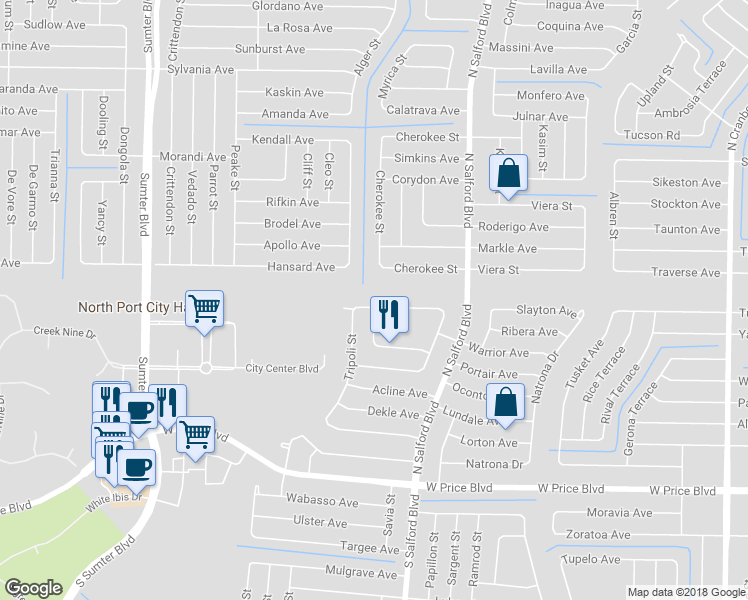 map of restaurants, bars, coffee shops, grocery stores, and more near 4326 Langtree Avenue in North Port
