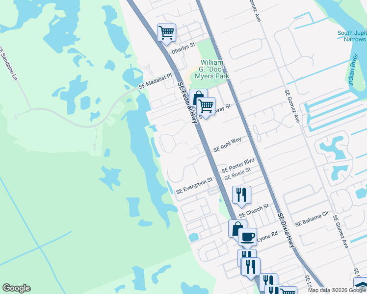 map of restaurants, bars, coffee shops, grocery stores, and more near 8419 Southeast Croft Circle in Hobe Sound