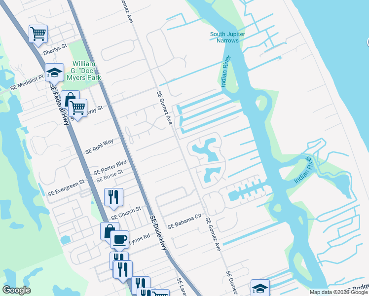 map of restaurants, bars, coffee shops, grocery stores, and more near 10390 Southeast Jupiter Narrows Drive in Hobe Sound
