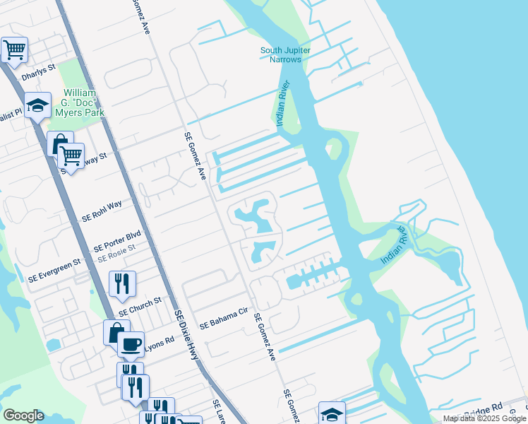 map of restaurants, bars, coffee shops, grocery stores, and more near 9020 Southeast Amberjack Court in Hobe Sound