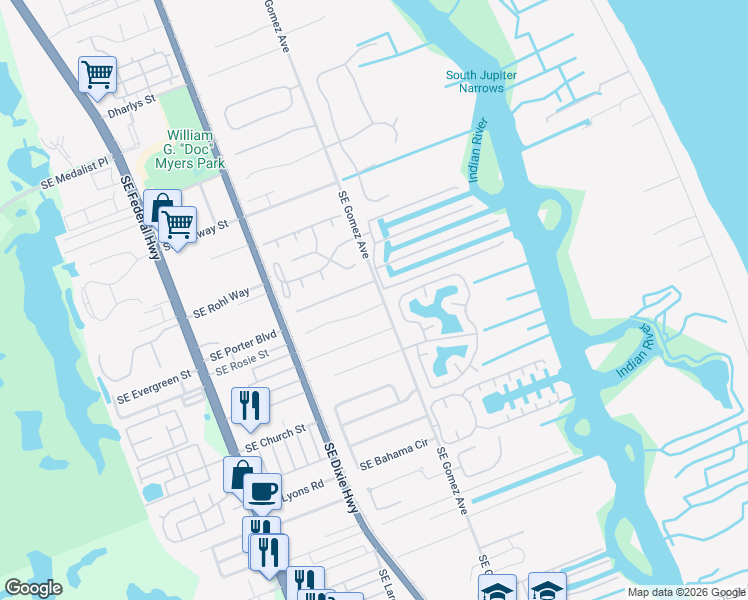 map of restaurants, bars, coffee shops, grocery stores, and more near 8769 Southeast Woodwind Street in Hobe Sound