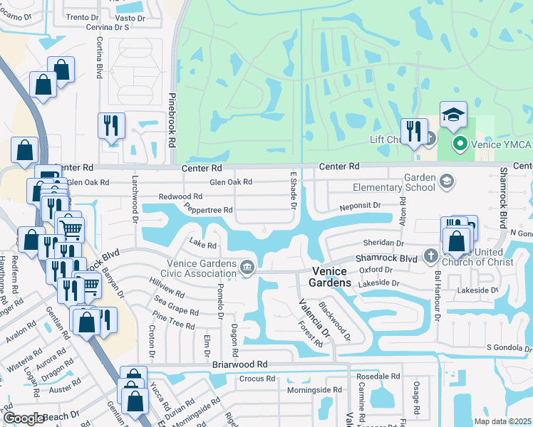 map of restaurants, bars, coffee shops, grocery stores, and more near 428 Peppertree Road in Venice