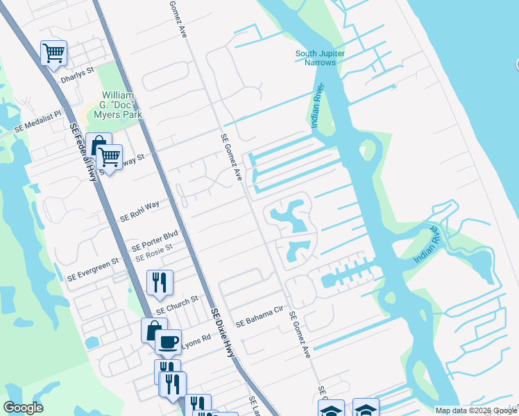 map of restaurants, bars, coffee shops, grocery stores, and more near 10390 Southeast Jupiter Narrows Drive in Hobe Sound