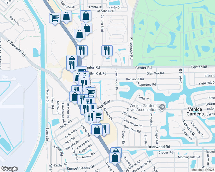 map of restaurants, bars, coffee shops, grocery stores, and more near 248 Moss Lane in Venice