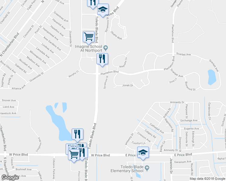 map of restaurants, bars, coffee shops, grocery stores, and more near 2276 Mulberry Lane in North Port