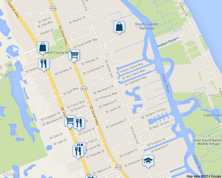 map of restaurants, bars, coffee shops, grocery stores, and more near 8769 Southeast Woodwind Street in Hobe Sound