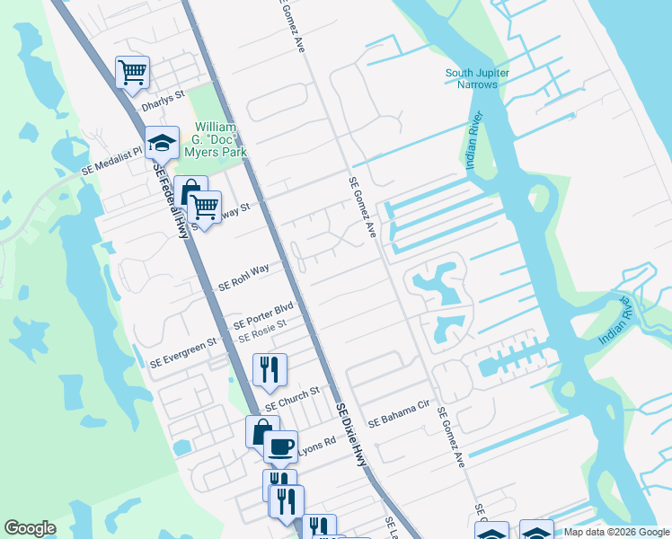 map of restaurants, bars, coffee shops, grocery stores, and more near 8648 Southeast Woodwind Street in Hobe Sound