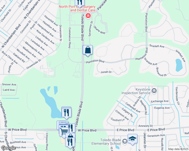 map of restaurants, bars, coffee shops, grocery stores, and more near 2276 Mulberry Lane in North Port