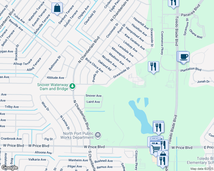 map of restaurants, bars, coffee shops, grocery stores, and more near 2524 Oceanside Street in North Port