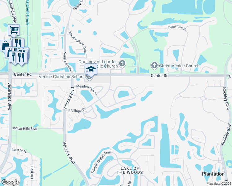 map of restaurants, bars, coffee shops, grocery stores, and more near 3296 Meadow Run Circle in Venice