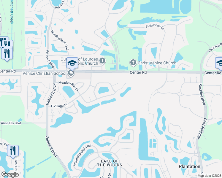 map of restaurants, bars, coffee shops, grocery stores, and more near 3328 Meadow Run Circle in Venice
