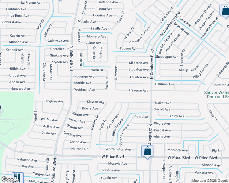 map of restaurants, bars, coffee shops, grocery stores, and more near 3539 Weidman Avenue in North Port