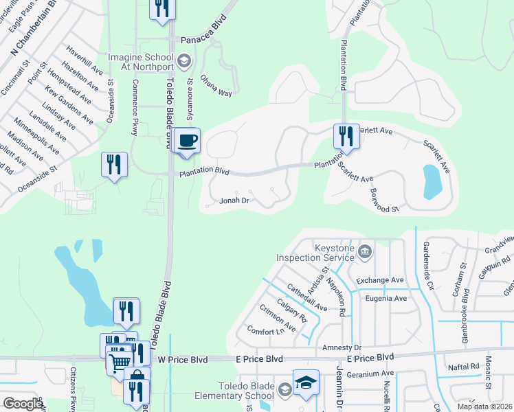 map of restaurants, bars, coffee shops, grocery stores, and more near 1209 Jonah Drive in North Port