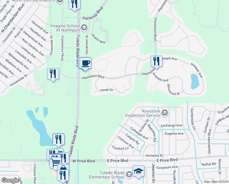 map of restaurants, bars, coffee shops, grocery stores, and more near 1195 Jonah Drive in North Port