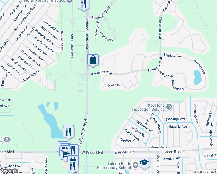 map of restaurants, bars, coffee shops, grocery stores, and more near 1129 Jonah Drive in North Port