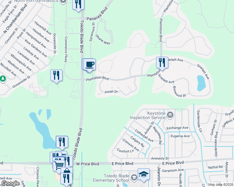 map of restaurants, bars, coffee shops, grocery stores, and more near 1189 Jonah Drive in North Port