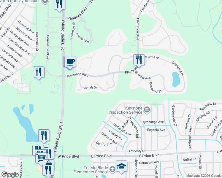 map of restaurants, bars, coffee shops, grocery stores, and more near 1261 Jonah Drive in North Port