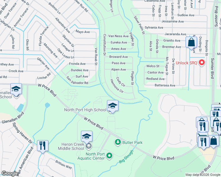 map of restaurants, bars, coffee shops, grocery stores, and more near Constitution Drive in North Port