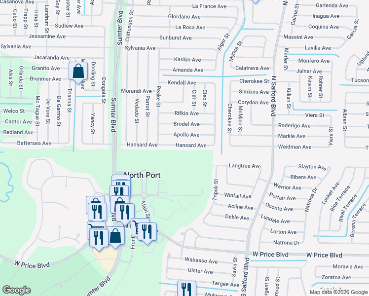 map of restaurants, bars, coffee shops, grocery stores, and more near 4413 Hansard Avenue in North Port